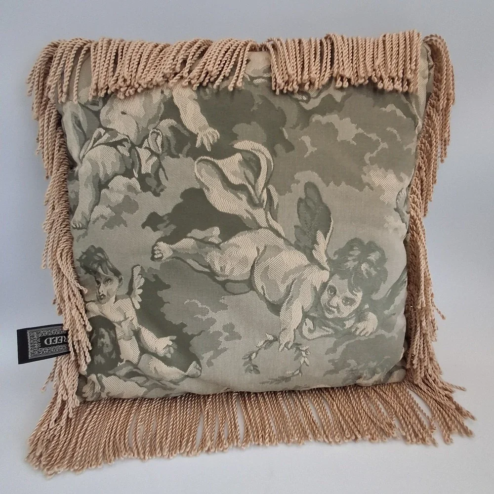 REED Style Cherub Angel Tapestry Throw Pillow Green Beige Fringe Trim 14